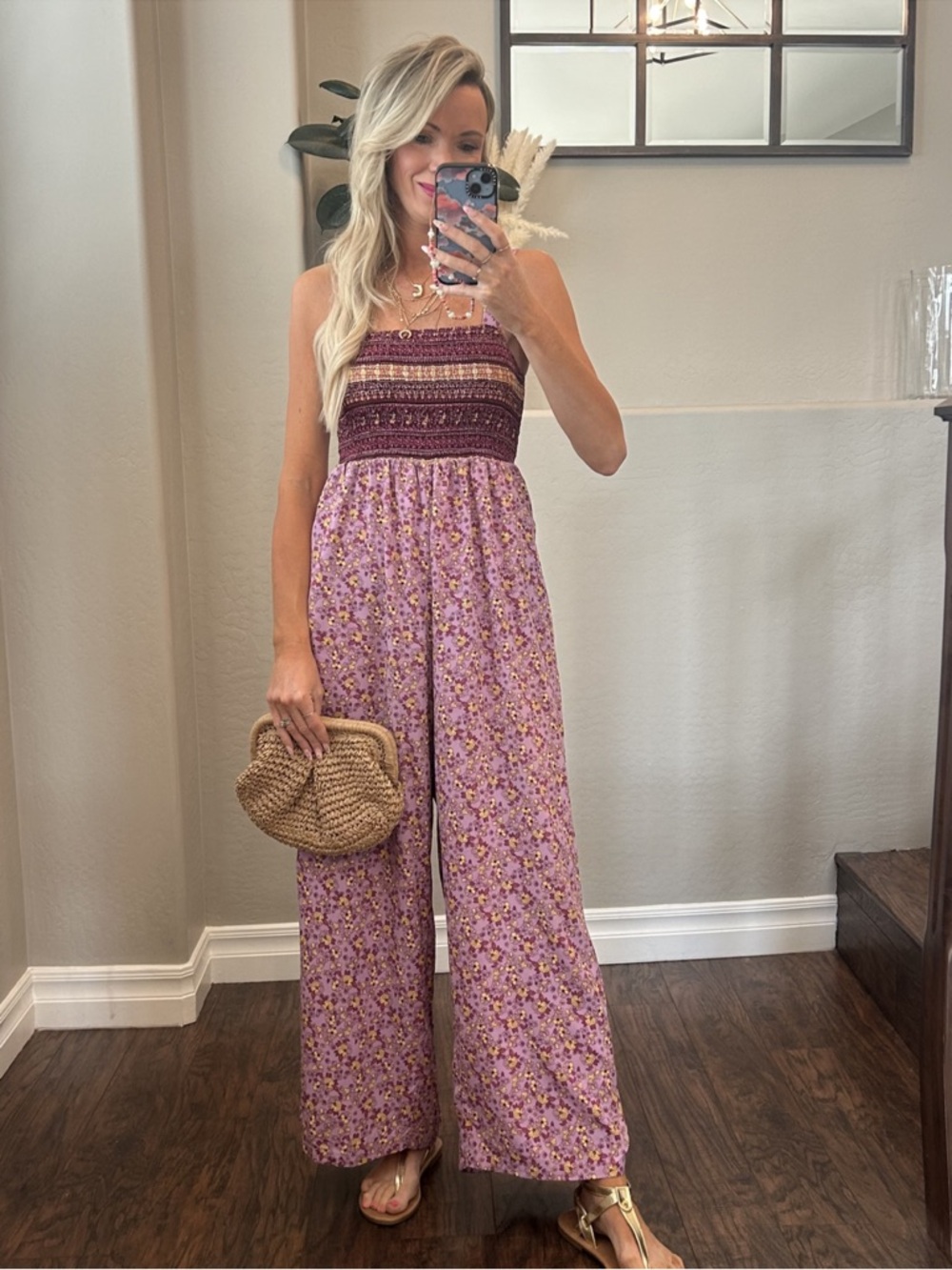 Dokotoo Lavender Pink and Apricot Smocked WideLeg Jumpsuit Size L